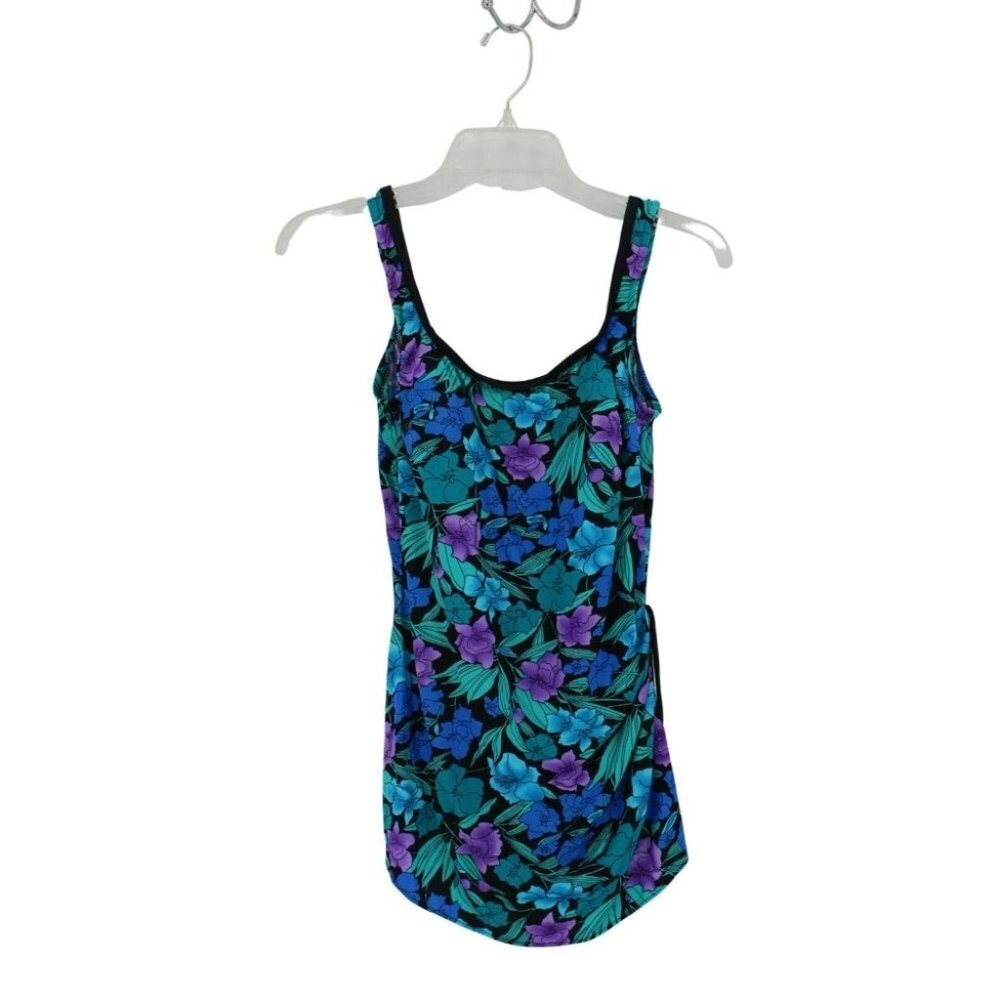 Mainstream Blue Purple Floral Molded Bra Cups One Piece Skirt Swimsuit Size S